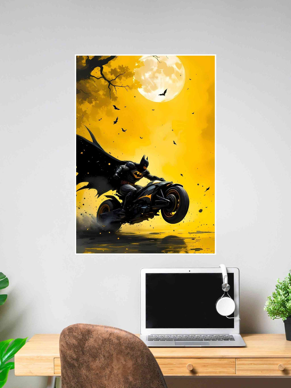 Batman riding Batcycle under a full moon with bats flying, yellow night sky background – dynamic superhero wall art for bedroom or gaming space.