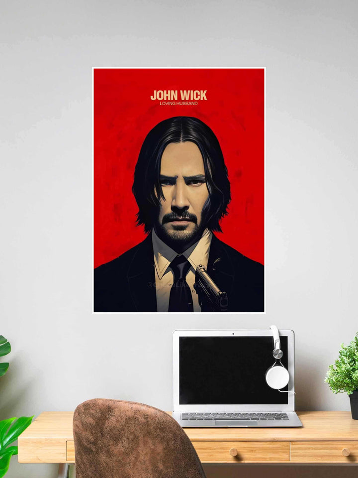 Minimalist poster of John Wick with a stern expression, red background, and a gun on his shoulder, captioned “Loving Husband.”