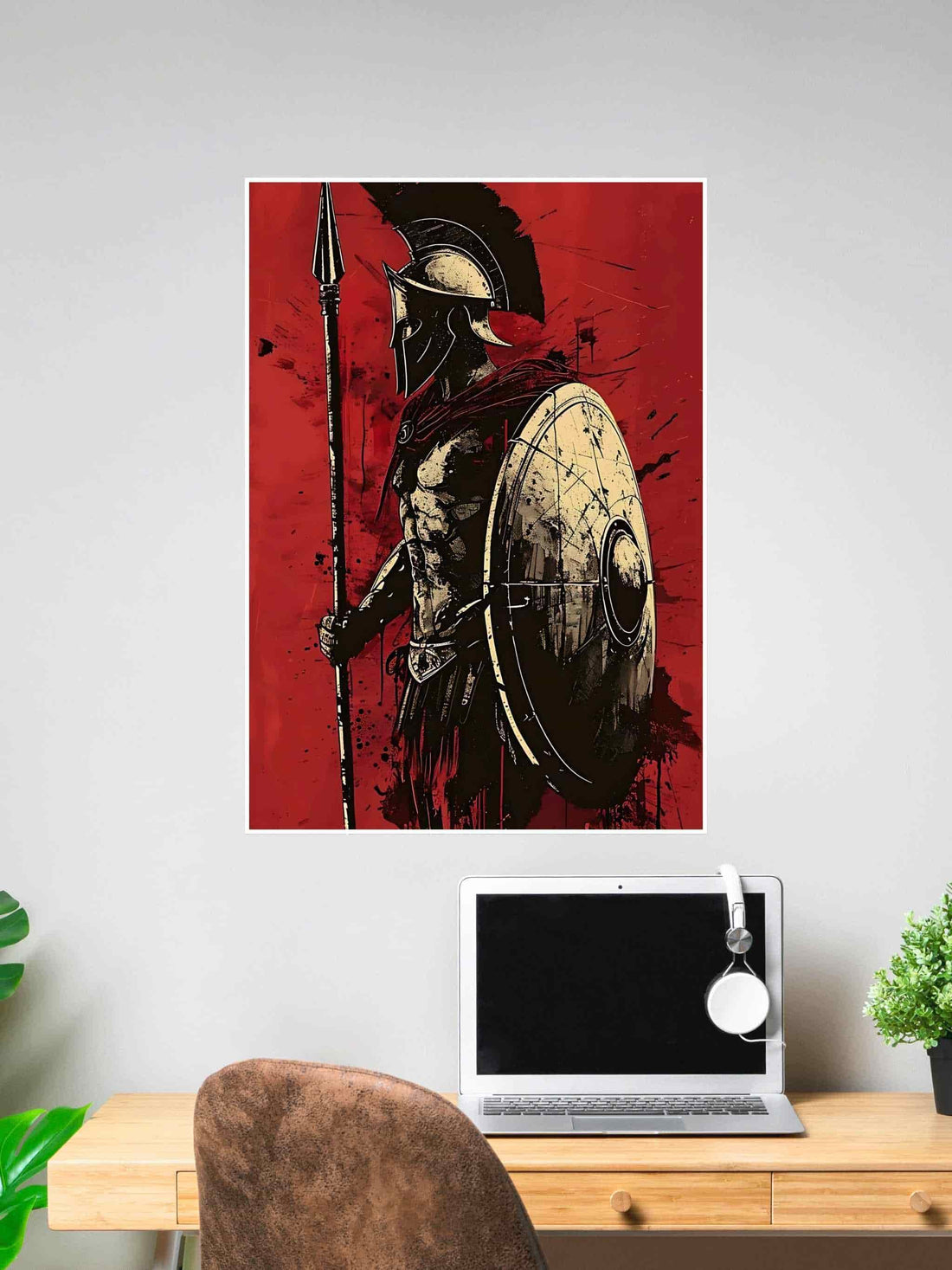 Poster of a Spartan warrior holding a spear and shield, wearing a helmet with a crest, set against a dramatic red background.