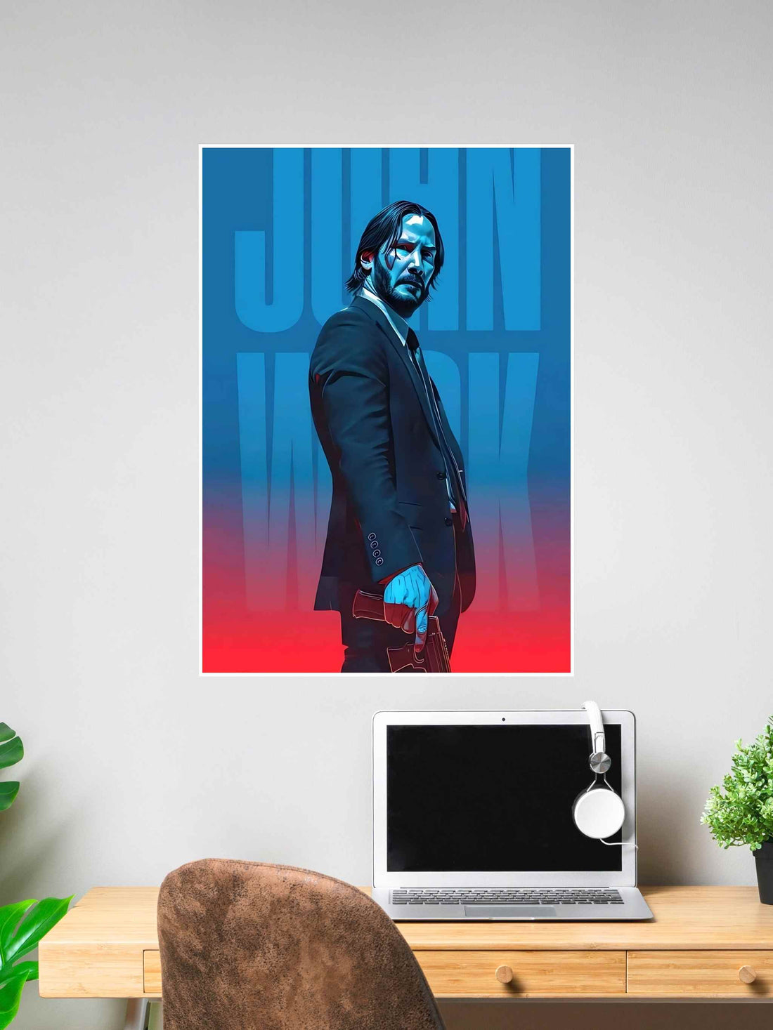 Poster of John Wick in a suit holding a gun, set against a blue and red gradient background with bold “JOHN WICK” text in the background.
