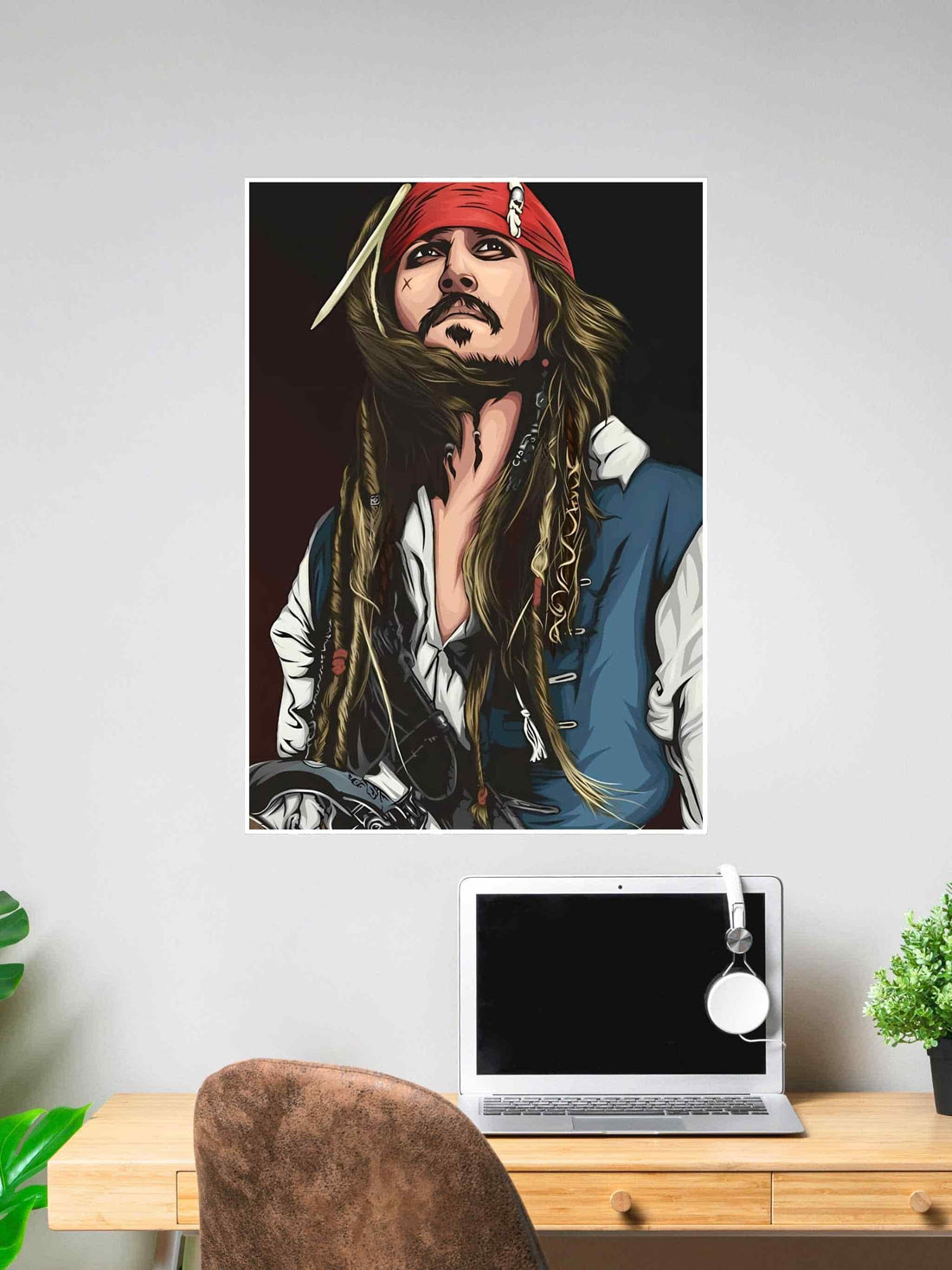 Poster of a cartoon-style pirate captain with a red bandana, dreadlocks, and a blue vest, looking up with a confident expression.
