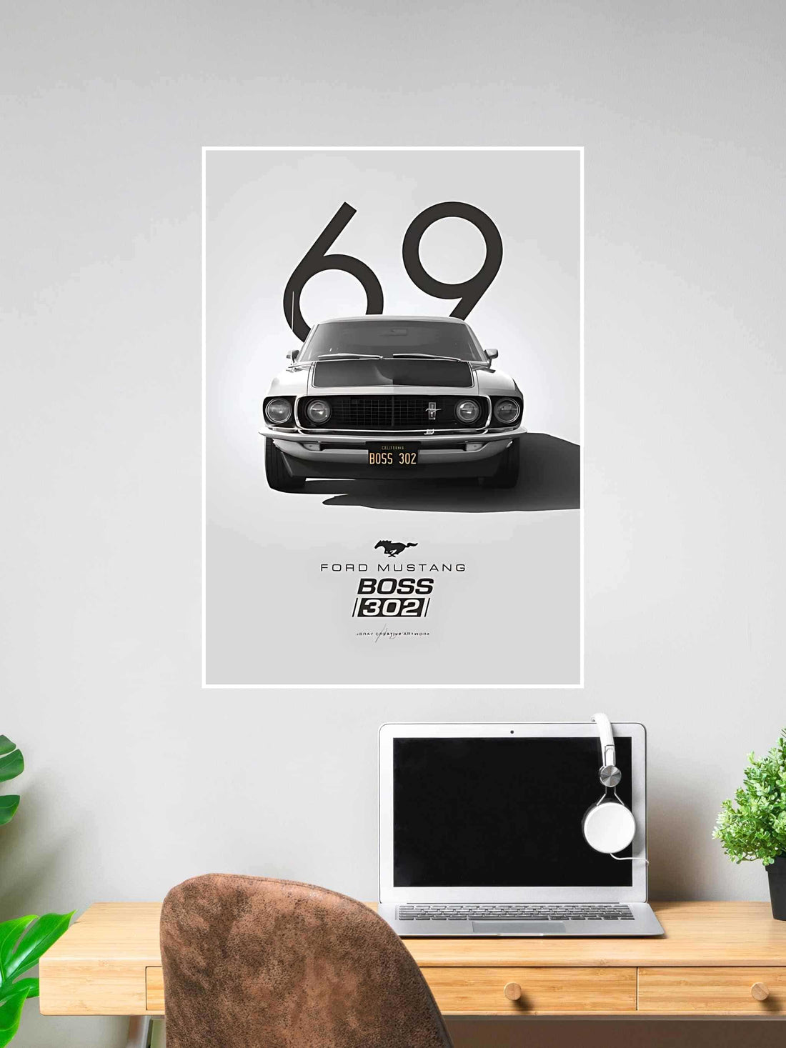 Poster of a 1969 Ford Mustang Boss 302 in black and white with “69” above, on a minimalist gray-white background.