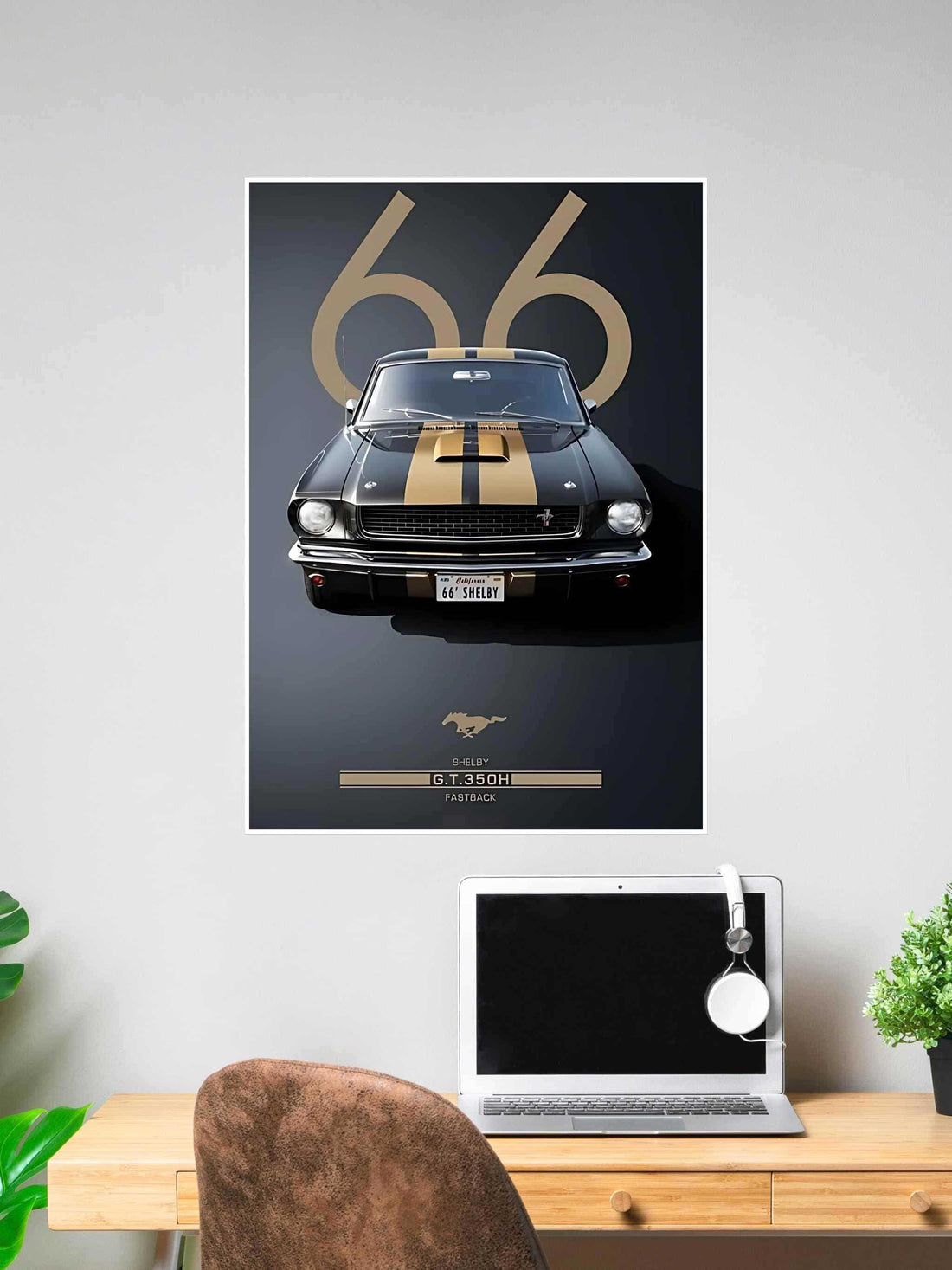 Poster of a 1966 Shelby GT350H Mustang in black with gold stripes and “66” above, styled in a retro dark theme.