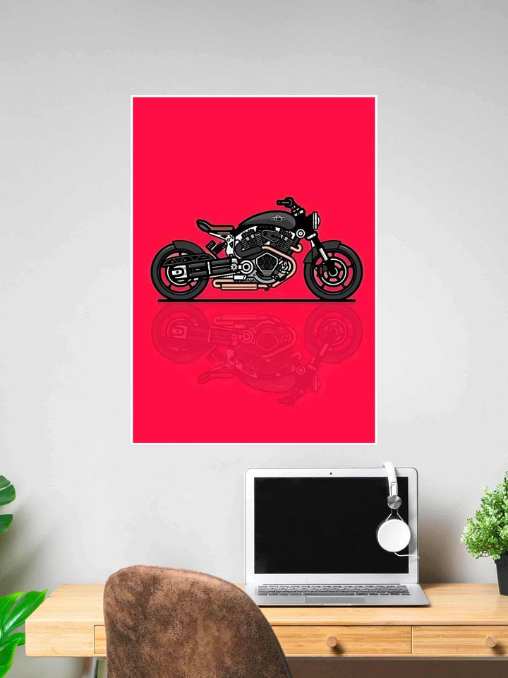 Poster of a stylized black motorcycle on a bright red background with mirrored reflection below.