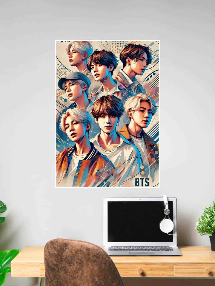 Artistic illustrated poster of BTS members in a vibrant modern design with abstract background.