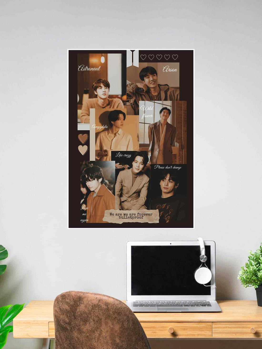 Aesthetic collage poster featuring BTS members with warm tones, song titles like Astronaut, Arson, Amygdala, and quote "We are forever bulletproof".