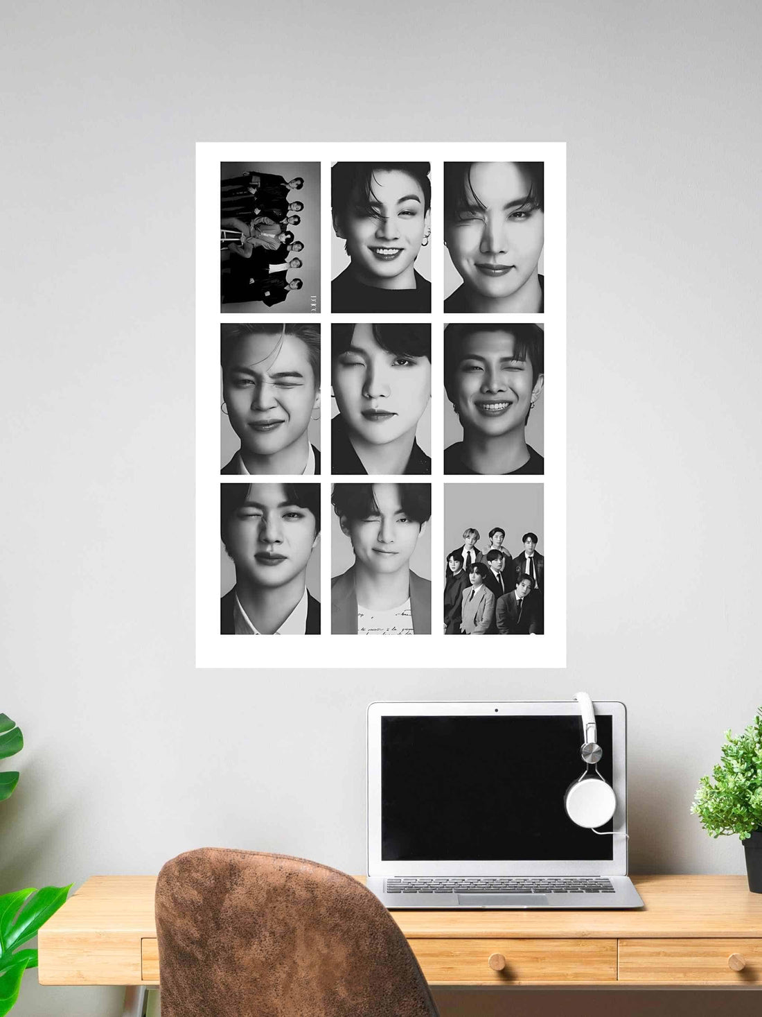 Minimal black and white BTS poster featuring grid of close-up portraits of all seven BTS members, ideal for K-pop fans and modern room decor.