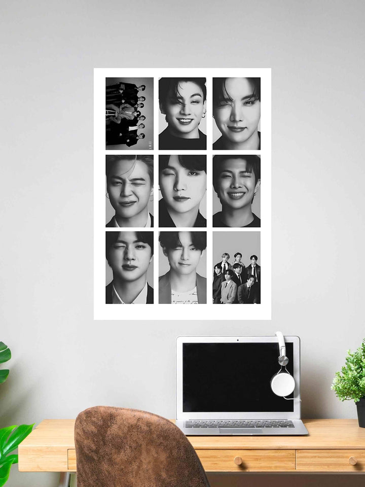 Minimal black and white BTS poster featuring grid of close-up portraits of all seven BTS members, ideal for K-pop fans and modern room decor.