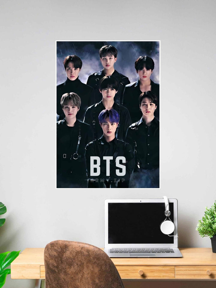 Poster of BTS Army.ZIP theme showing all 7 members in black outfits with a cosmic background, perfect for bold and dramatic K-pop room decor.