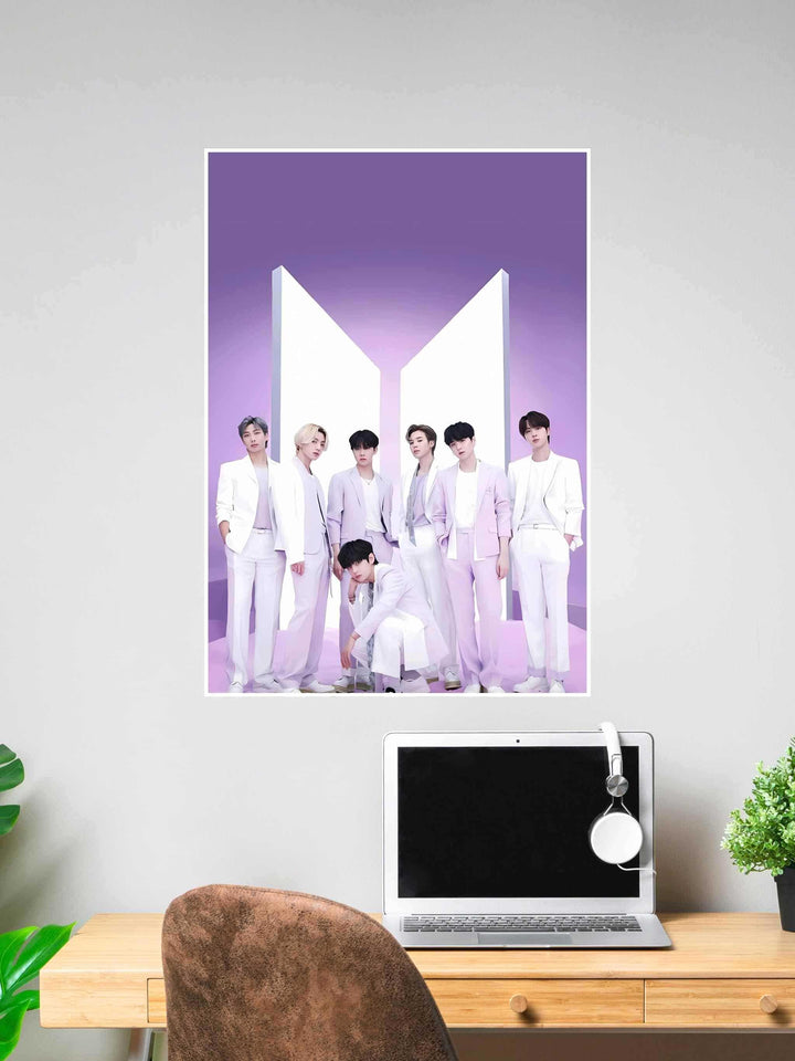 Poster of BTS members in coordinated lavender and white outfits standing against a pastel purple background, ideal for soft aesthetic K-pop wall decor.