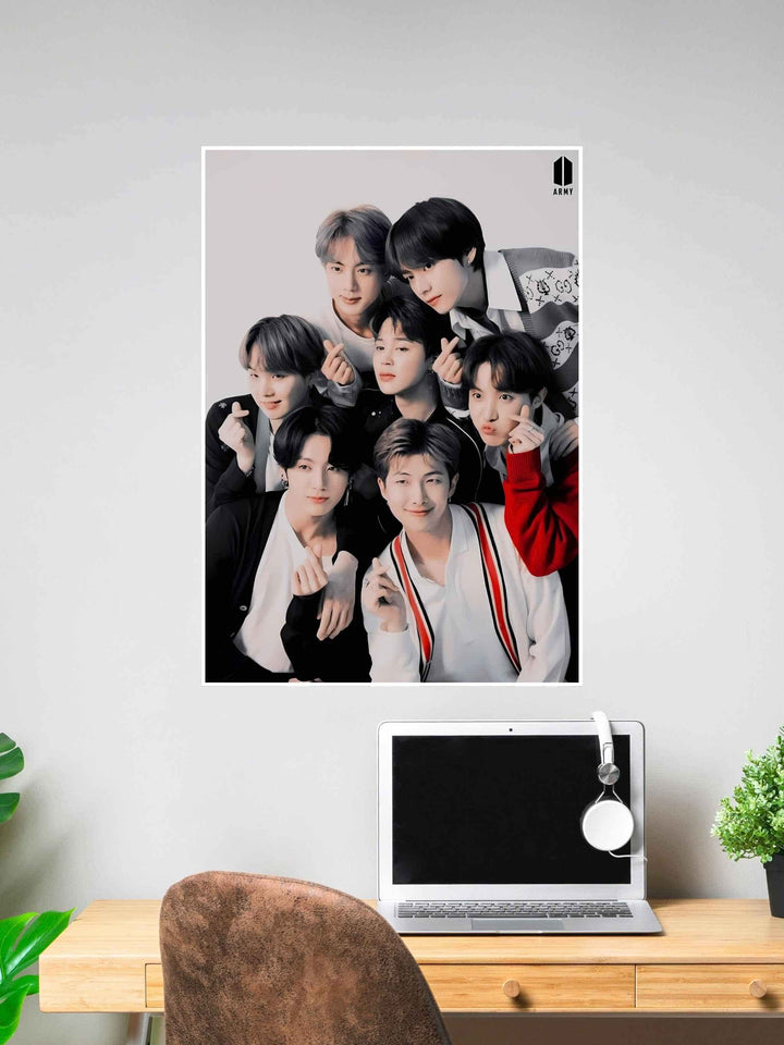 Poster of BTS members making finger hearts with soft expressions, ideal for K-pop fans seeking cute and expressive wall art.
