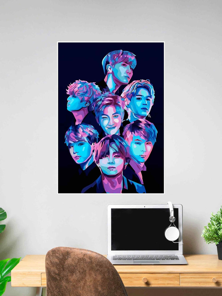 Colorful pop art style poster of BTS members in neon blue and pink tones, ideal for vibrant K-pop-themed room decor.
