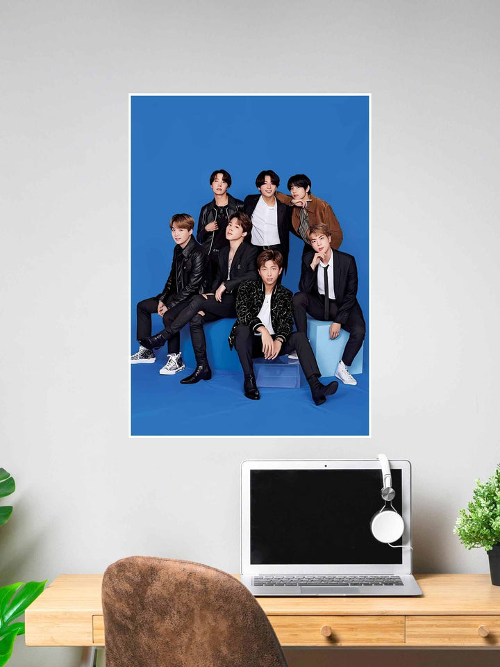 BTS group poster with members posing stylishly against a bold blue studio background, perfect wall art for K-pop enthusiasts and ARMY fans.