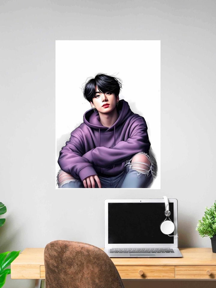 Digital art poster of BTS member Jungkook in a purple hoodie and ripped jeans, ideal wall decor for K-pop fans and Jungkook admirers.