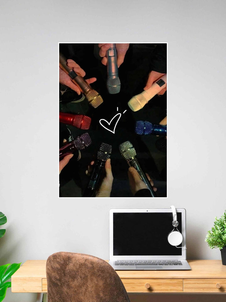 Poster featuring a circle of BTS members' signature colored microphones forming a heart shape in the center, symbolizing unity and love for ARMYs.