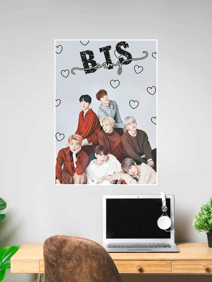 Illustrated BTS poster featuring all 7 members with a soft-toned background and heart doodles, with the words "BTS Army" at the top.