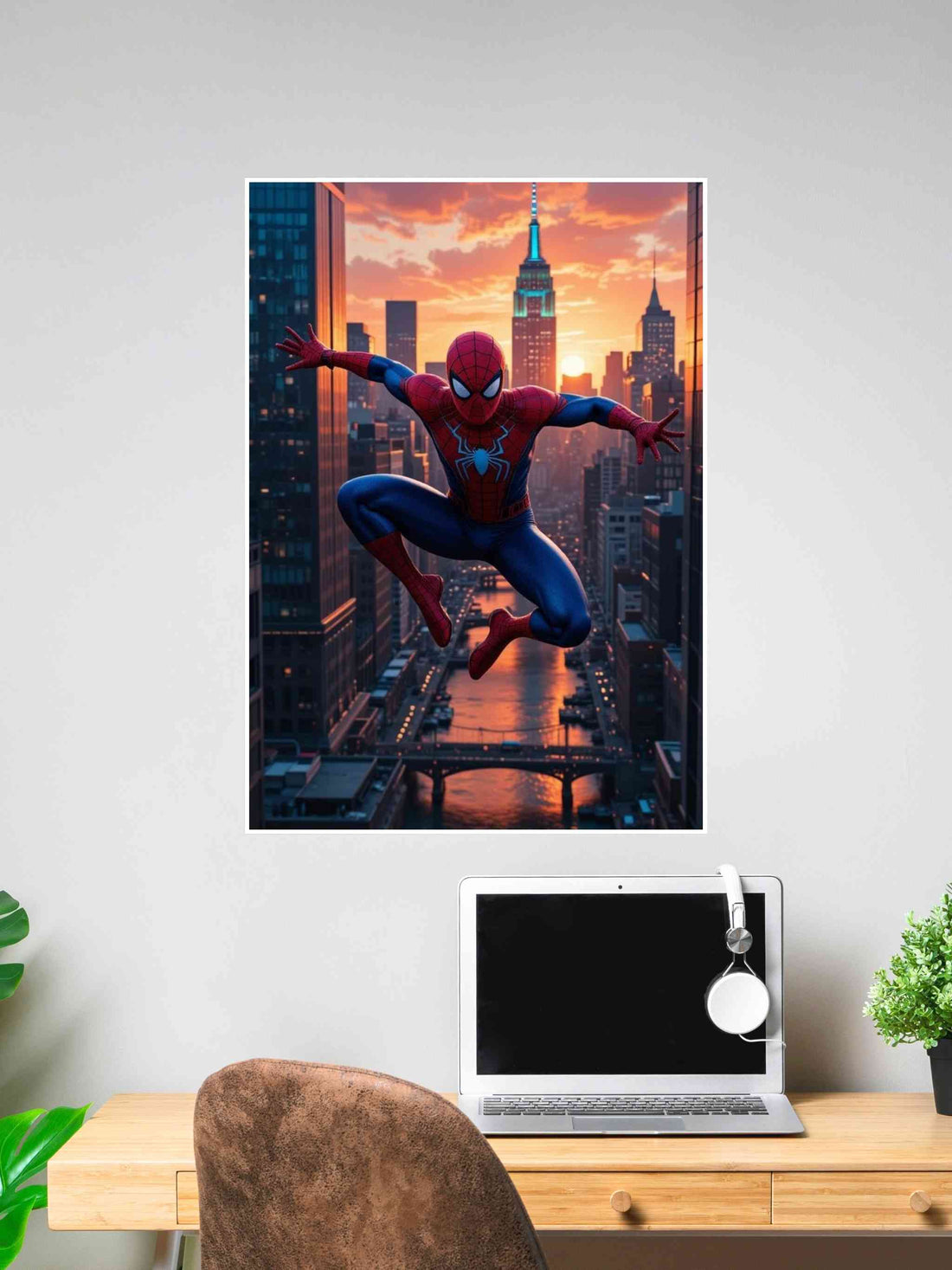 Spider-Man swinging across city skyline at sunset in Marvel superhero poster.
