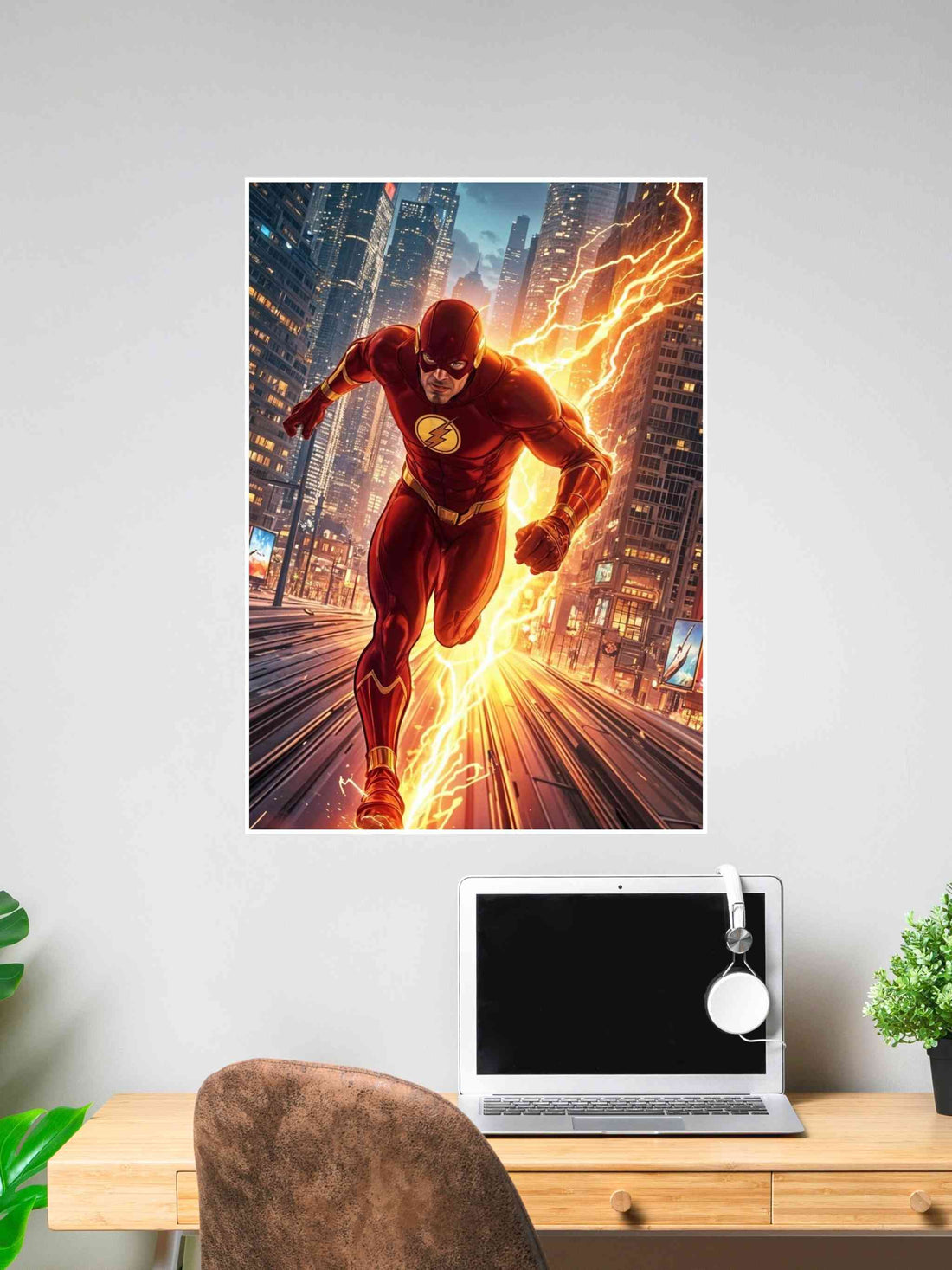 The Flash running at lightning speed through city streets – DC superhero poster.