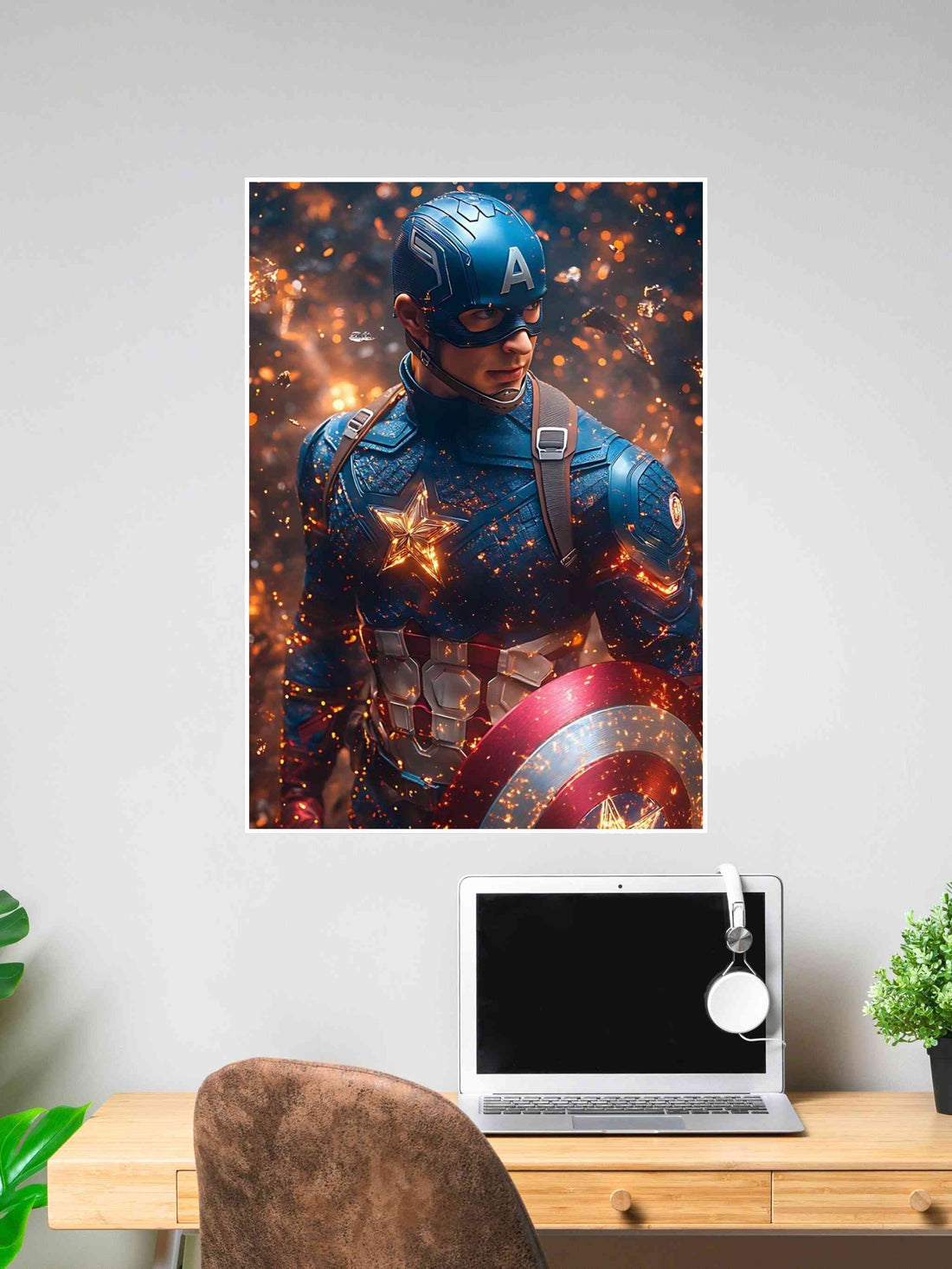 Captain America standing with shield surrounded by glowing sparks – Marvel superhero poster.
