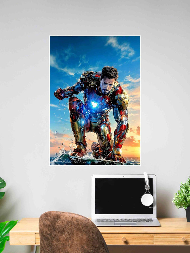 Iron Man in suit kneeling on ocean surface at sunset – Marvel superhero poster artwork.