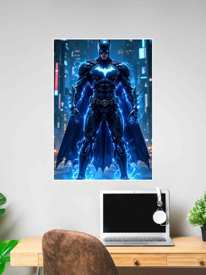 Batman with glowing blue electric effects in futuristic city – DC superhero poster.