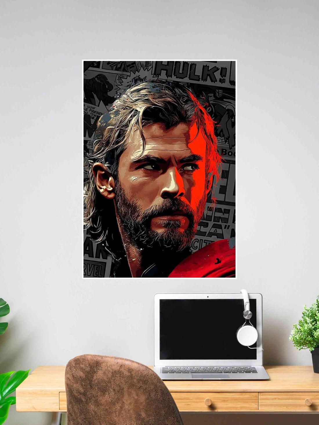 Thor comic-style poster with dramatic lighting and Marvel background.